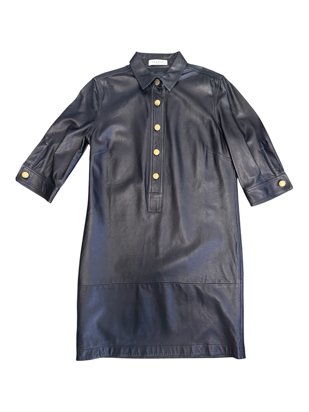 Sandro Black Leather Shift Dress with Gold Buttons